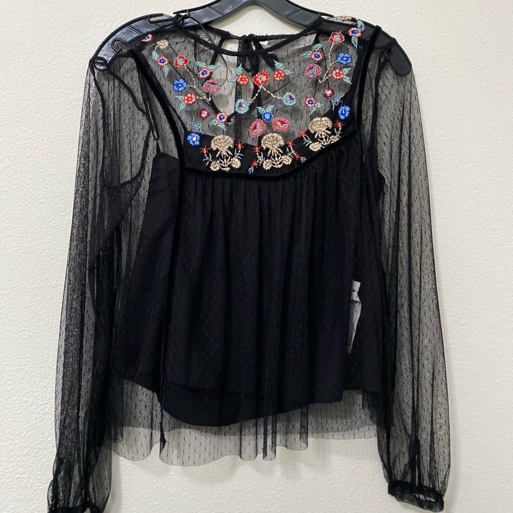 ZARA Long Sleeve Meshed Embroidered Blouse